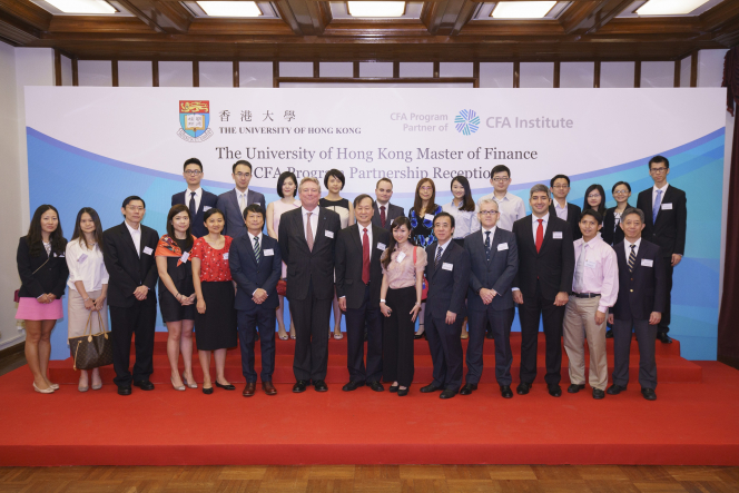 Paul Smith, CFA, President and CEO, CFA Institute (Front Row, 7th from Left), Neil Govier, CFA, Head of Education, Asia Pacific, CFA Institute (Front Row, 4th from Left), Professor Eric C. Chang, Dean of the Faculty of Business and Economics, HKU (Front Row, 8th from Left), Dr. Rujing Meng, Director of the HKU Master of Finance Programme (Front Row, 5th from Left), alumni of the HKU Master Finance Programme and the other faculty representatives, joined hands to launch the CFA Program Partnership. 